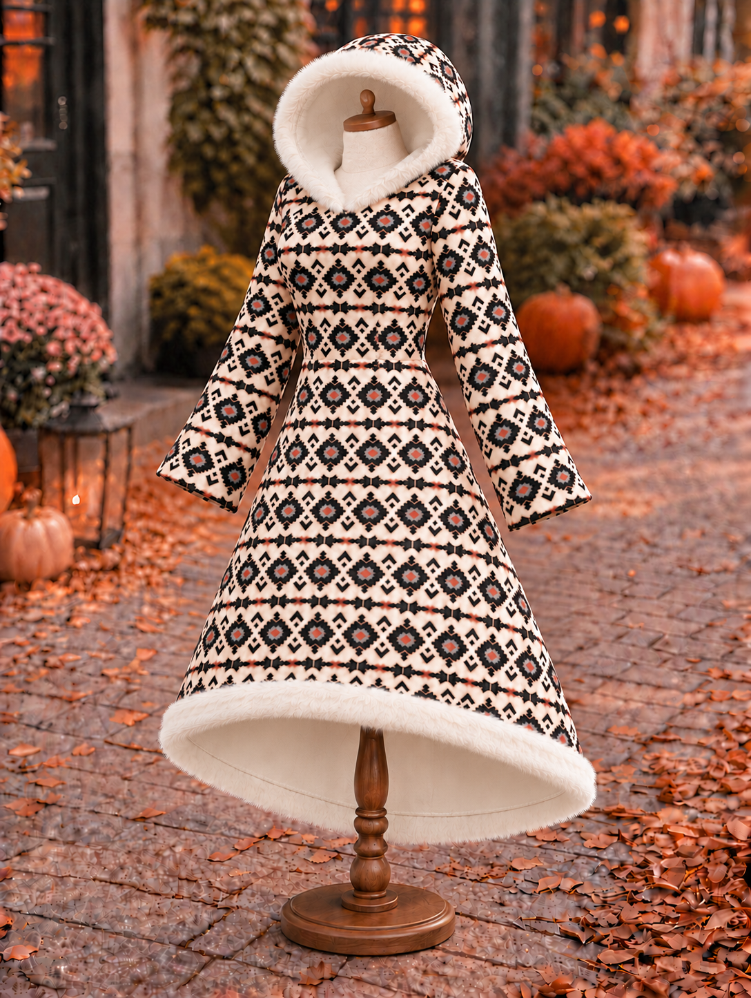 Women's Fall Winter Vintage Art Print Plush Trim Hooded Flared Maxi Dress